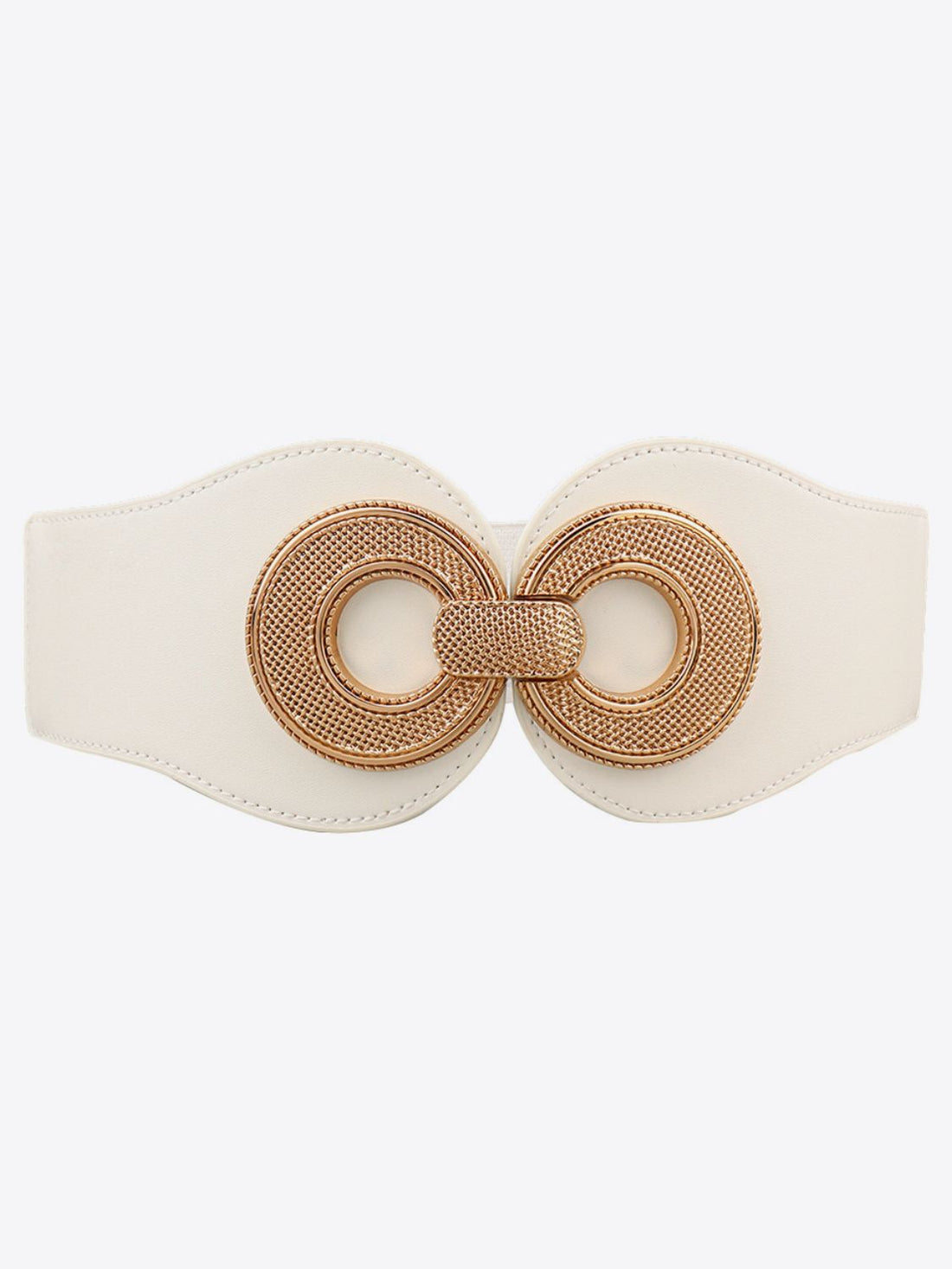 White elastic waist cincher belt with gold metalwork double circle buckle detail