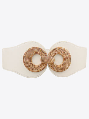 White elastic waist cincher belt with gold metalwork double circle buckle detail