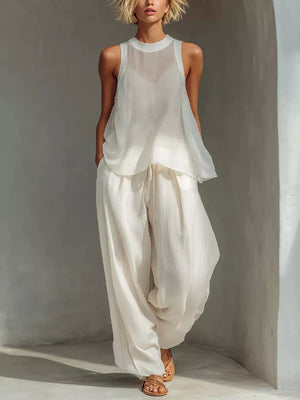 two-piece set in cream featuring sheer and relaxed fit