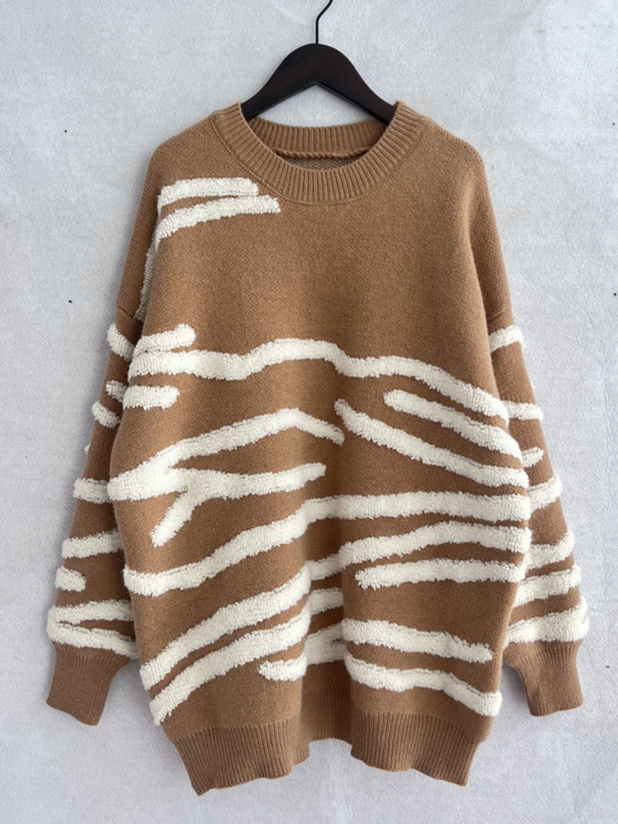 Tan textured stripe knit crewneck sweater with fuzzy white stripes