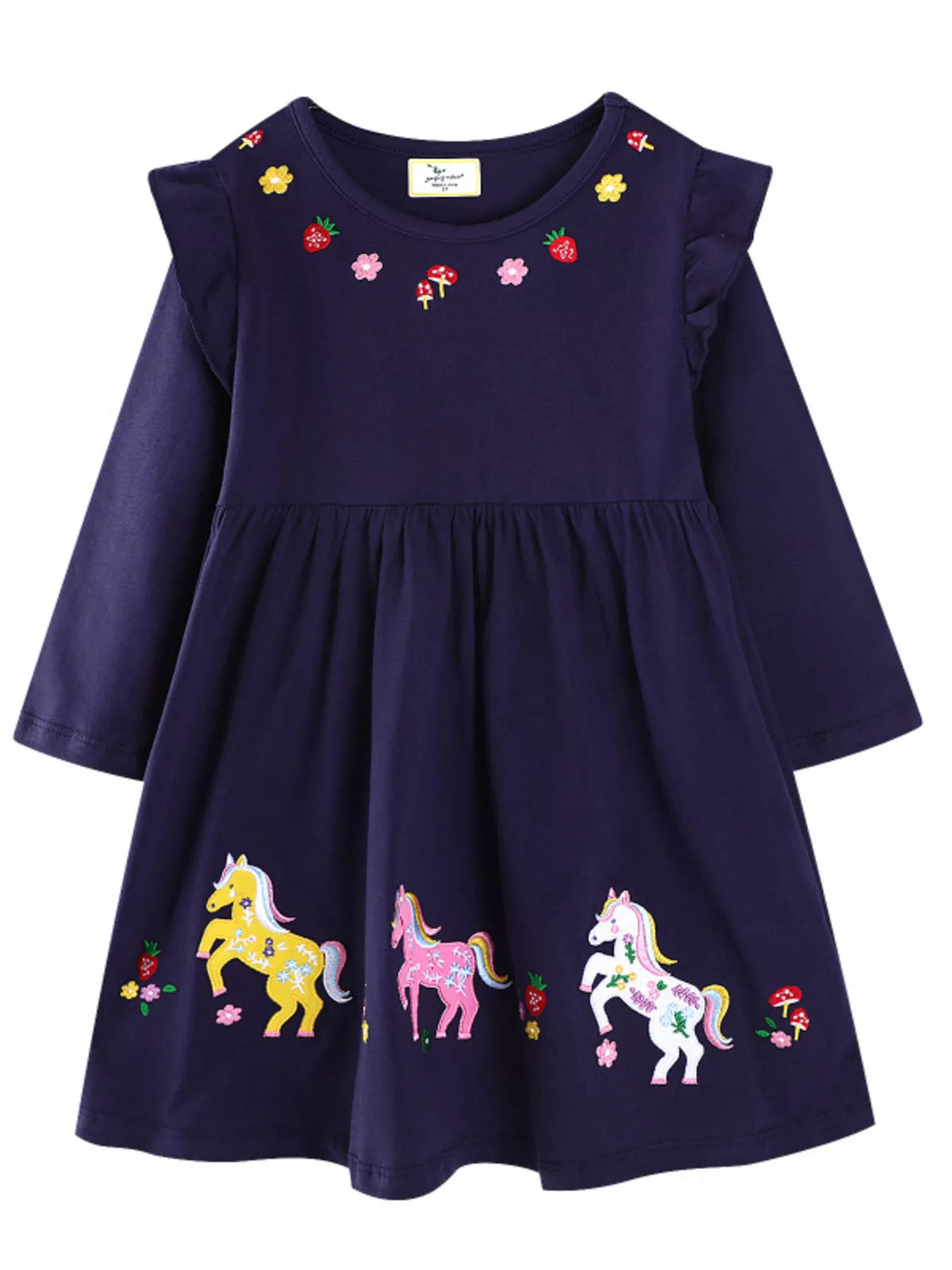 Dark navy long-sleeve baby dress with embroidered horses and flowers.