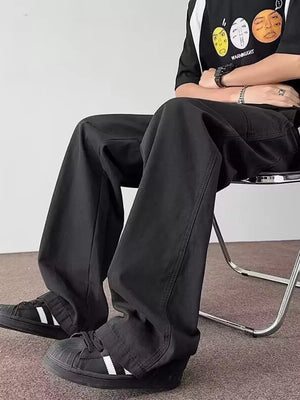Men's black casual wide-leg cargo pants with multiple pockets and a relaxed fit.