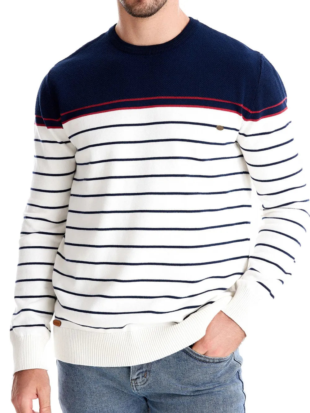 Nautical stripe crewneck sweater with navy block top and red trim