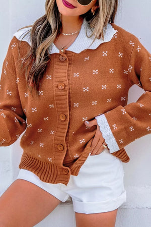 rust cardigan with hip-length and button-front