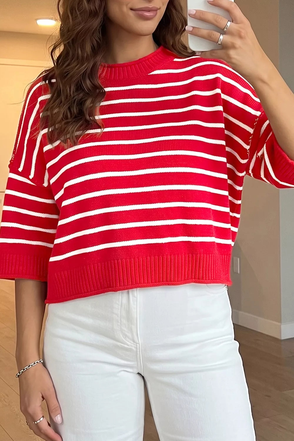 red pullover sweater with striped and crew neck