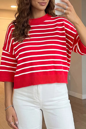 red pullover sweater with striped and crew neck