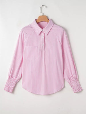 Pink striped collared shirt with button placket and smocked cuffs