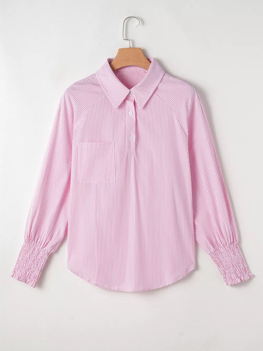 Pink striped collared shirt with button placket and smocked cuffs