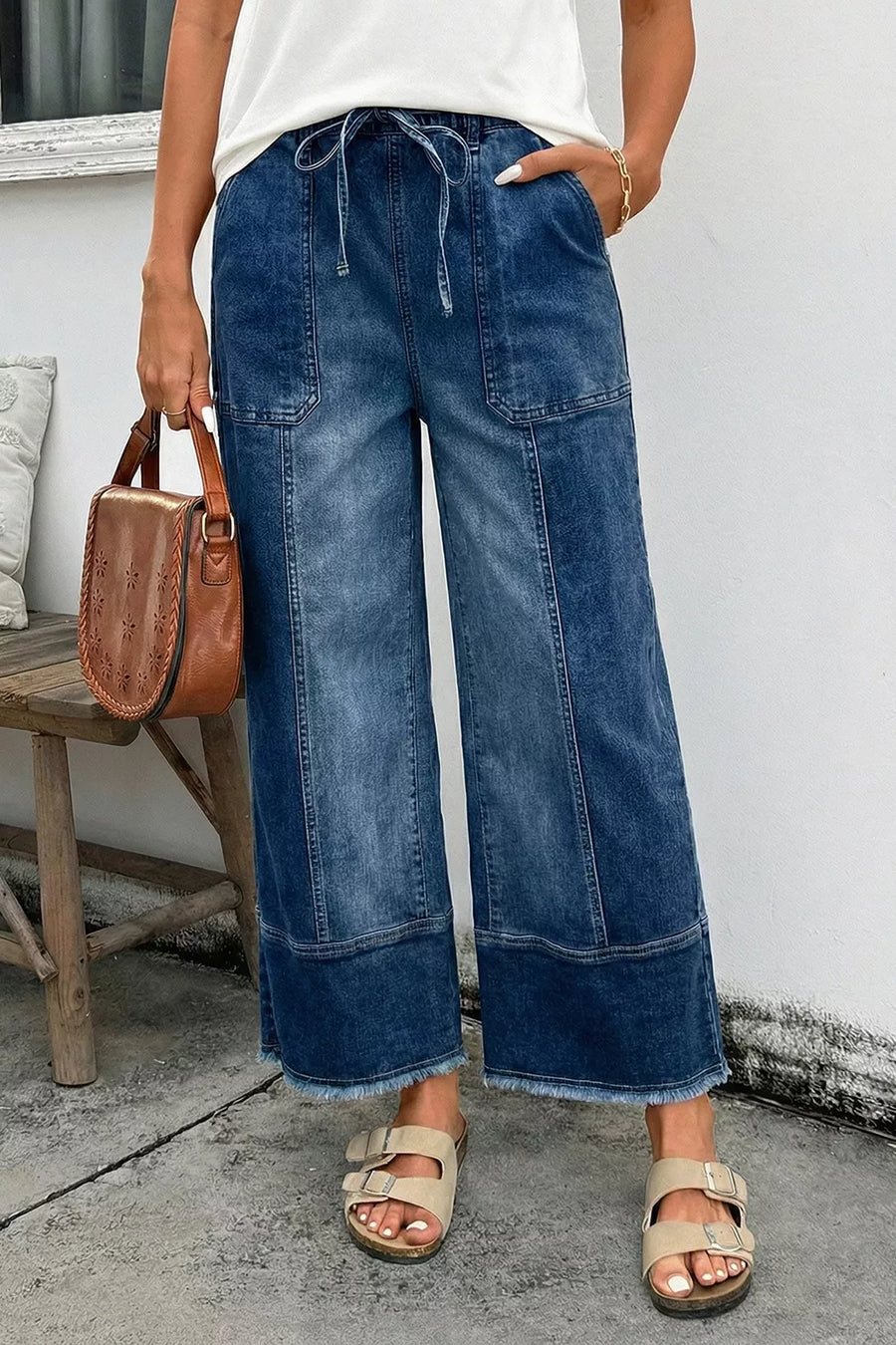 Drawstring Raw Hem Wide Leg Denim Pants option 4