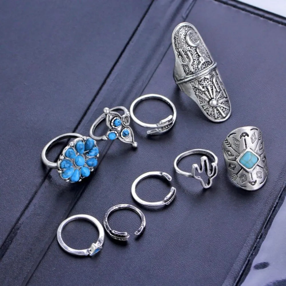 Bohemian silver ring set with turquoise stones and cactus designs