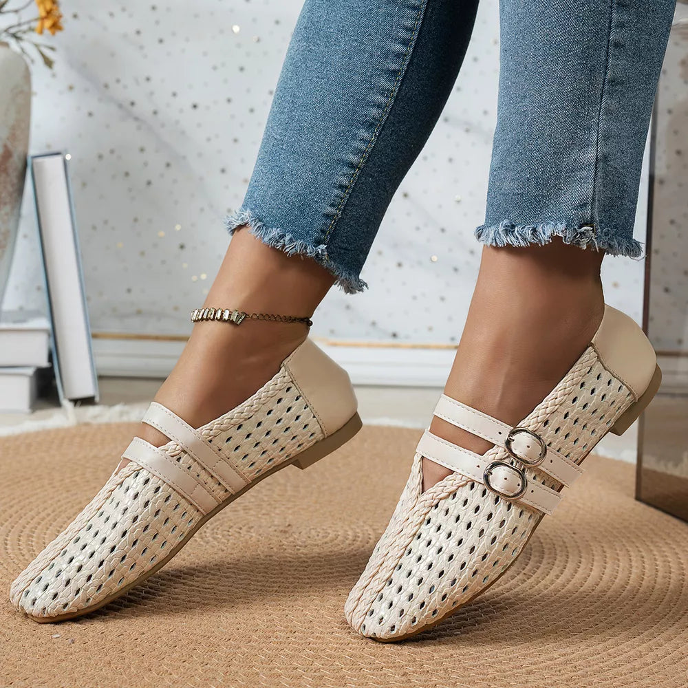 Beige Flats featuring hollow-out design and woven