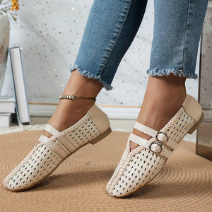 Beige Flats featuring hollow-out design and woven