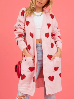 blush pink cardigan with heart-print and no collar