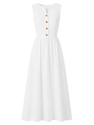 White button front midi dress with a-line skirt and V-neck.
