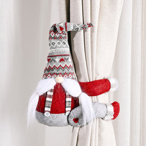 Red and gray gnome curtain tie with fair isle pattern hat