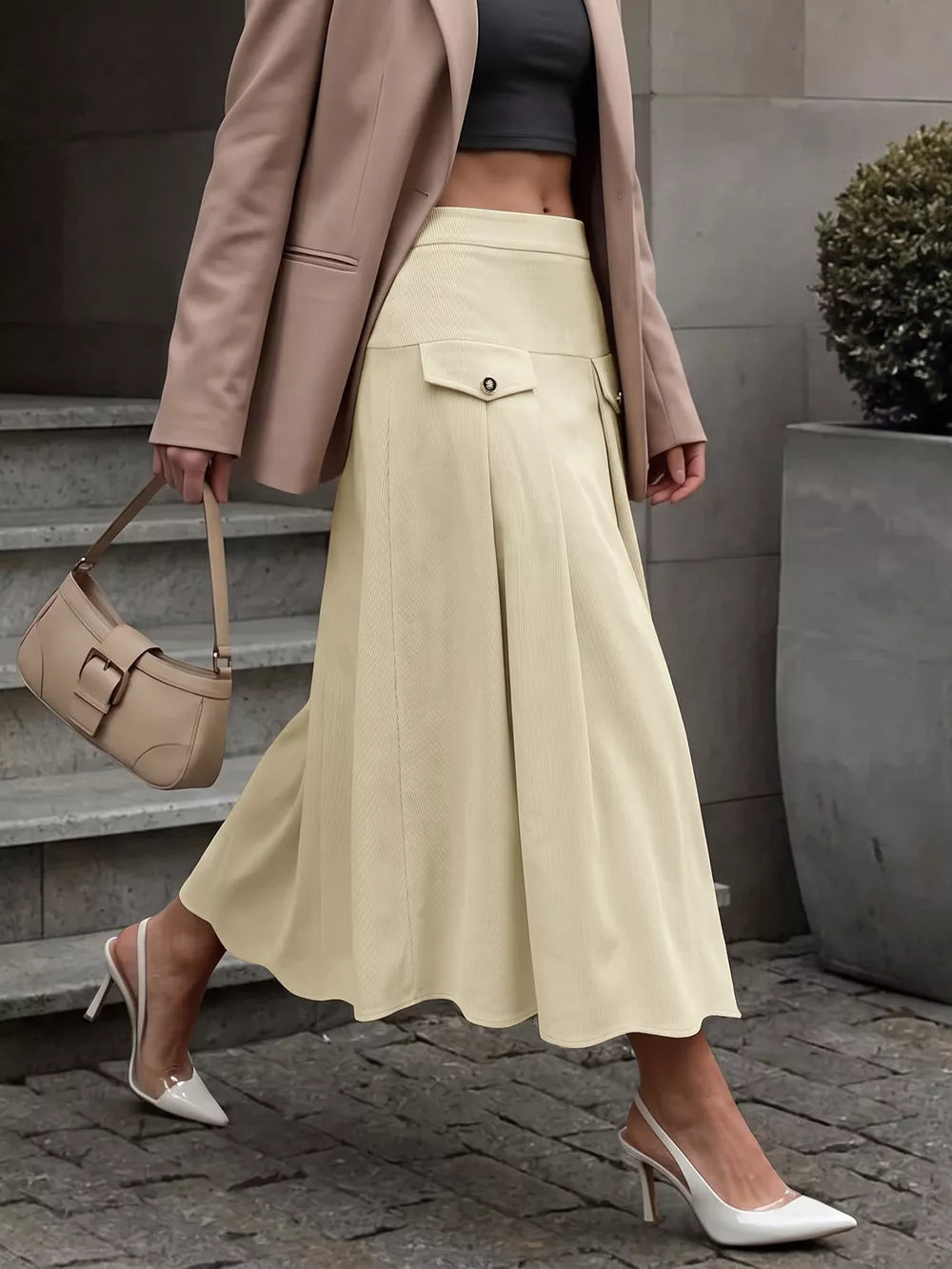 High Waist Pleated Midi Skirt in Khaki