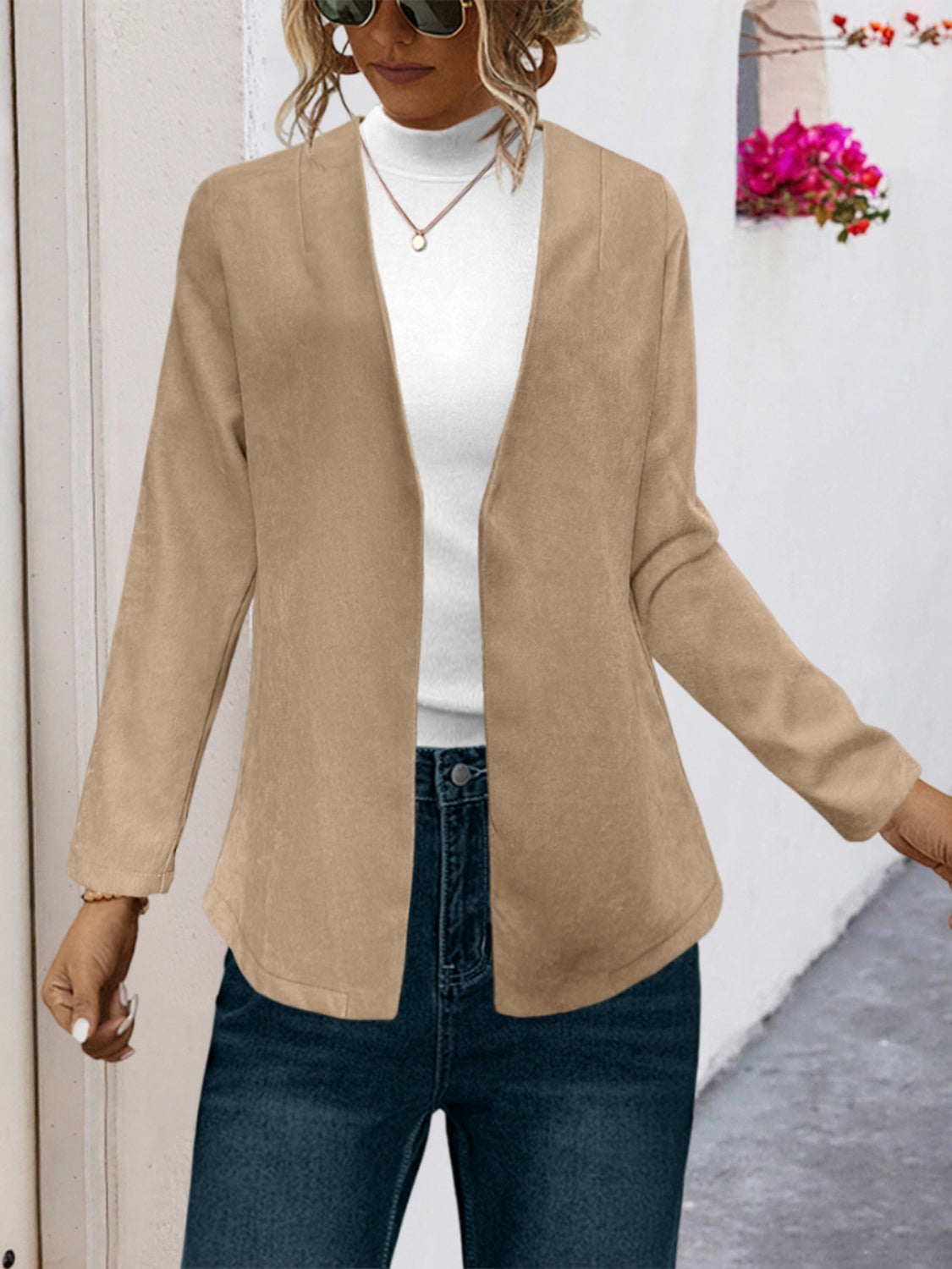 Camel suede-effect open front blazer with long sleeves and a relaxed fit.