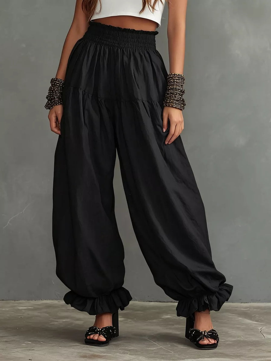 Mustard Full Size Smocked Ruffle Hem Wide Leg Pants