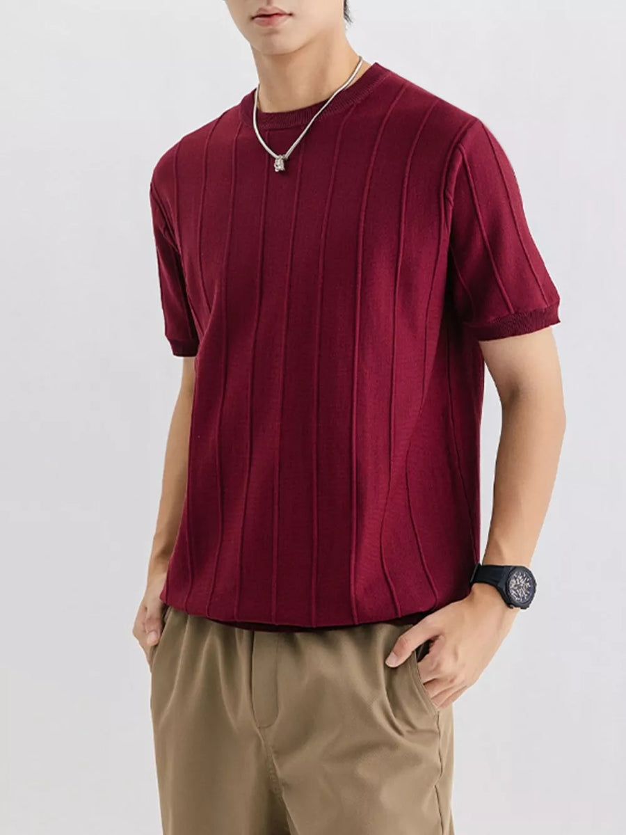 Textured short sleeve t-shirt in Wine Red with vertical ribbing and crew neck.
