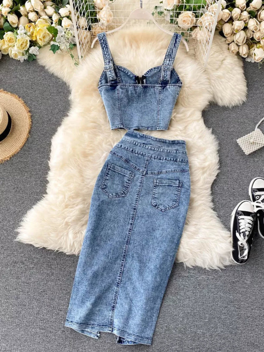 Acid wash denim two-piece set with bustier crop top and midi skirt with zipper detail