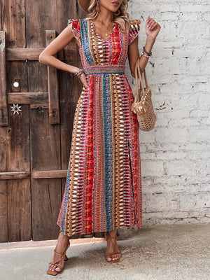 Bohemian maxi dress with ruffle sleeves, V-neck, and colorful ethnic print.