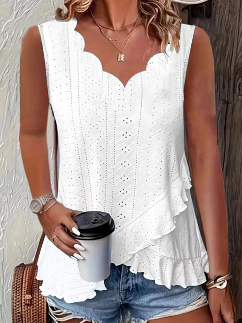 V-neck Eyelet Ruffled Tank Top in Green