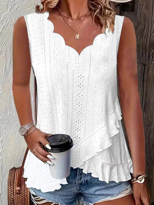 V-neck Eyelet Ruffled Tank Top in Green
