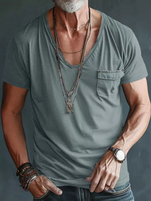 Men's Full Size V-neck Pocket T-shirt in Black