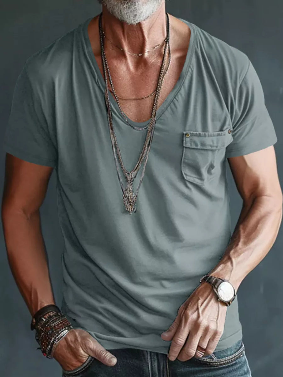 Men's Full Size V-neck Pocket T-shirt in Black