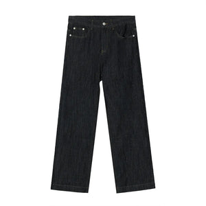 Dark wash wide-leg denim jeans with a relaxed fit and classic five-pocket styling.