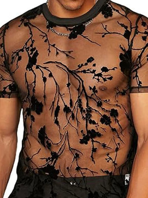 Black sheer crew neck tee with floral embroidery and short sleeves.