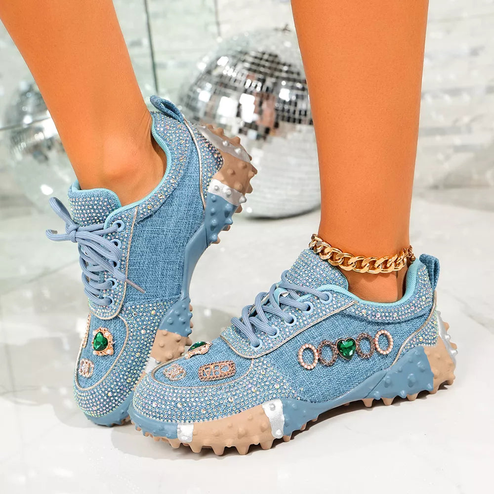 Blue Rhinestone Round Toe Sneakers