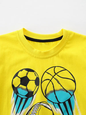Yellow cotton crew neck t-shirt for kids with a graphic print of sports balls.