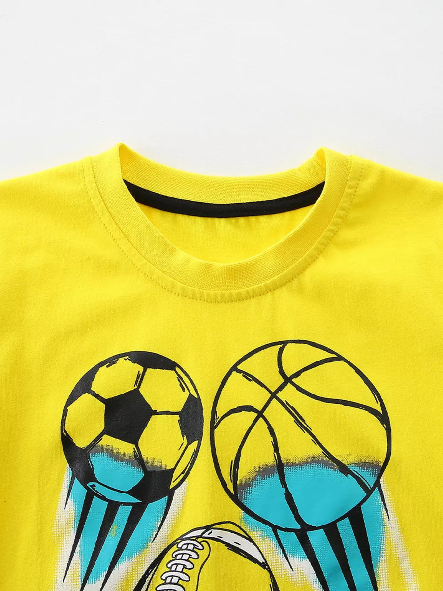 Yellow cotton crew neck t-shirt for kids with a graphic print of sports balls.
