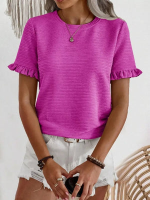 Textured ruffle sleeve t-shirt in purple with a crew neck and short sleeves.