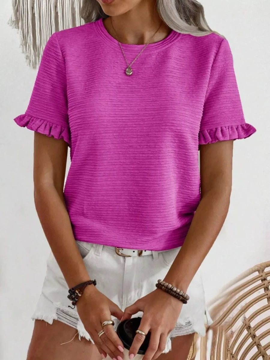 Textured ruffle sleeve t-shirt in purple with a crew neck and short sleeves.