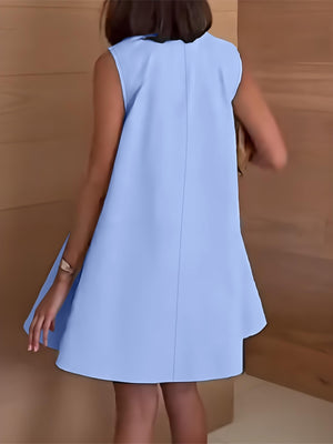 Light blue scoop neck a-line mini dress with sleeveless design and above knee length.