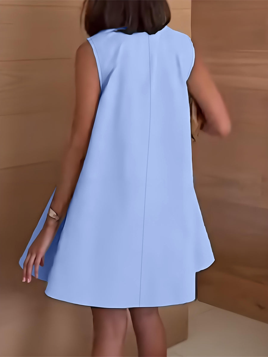 Light blue scoop neck a-line mini dress with sleeveless design and above knee length.