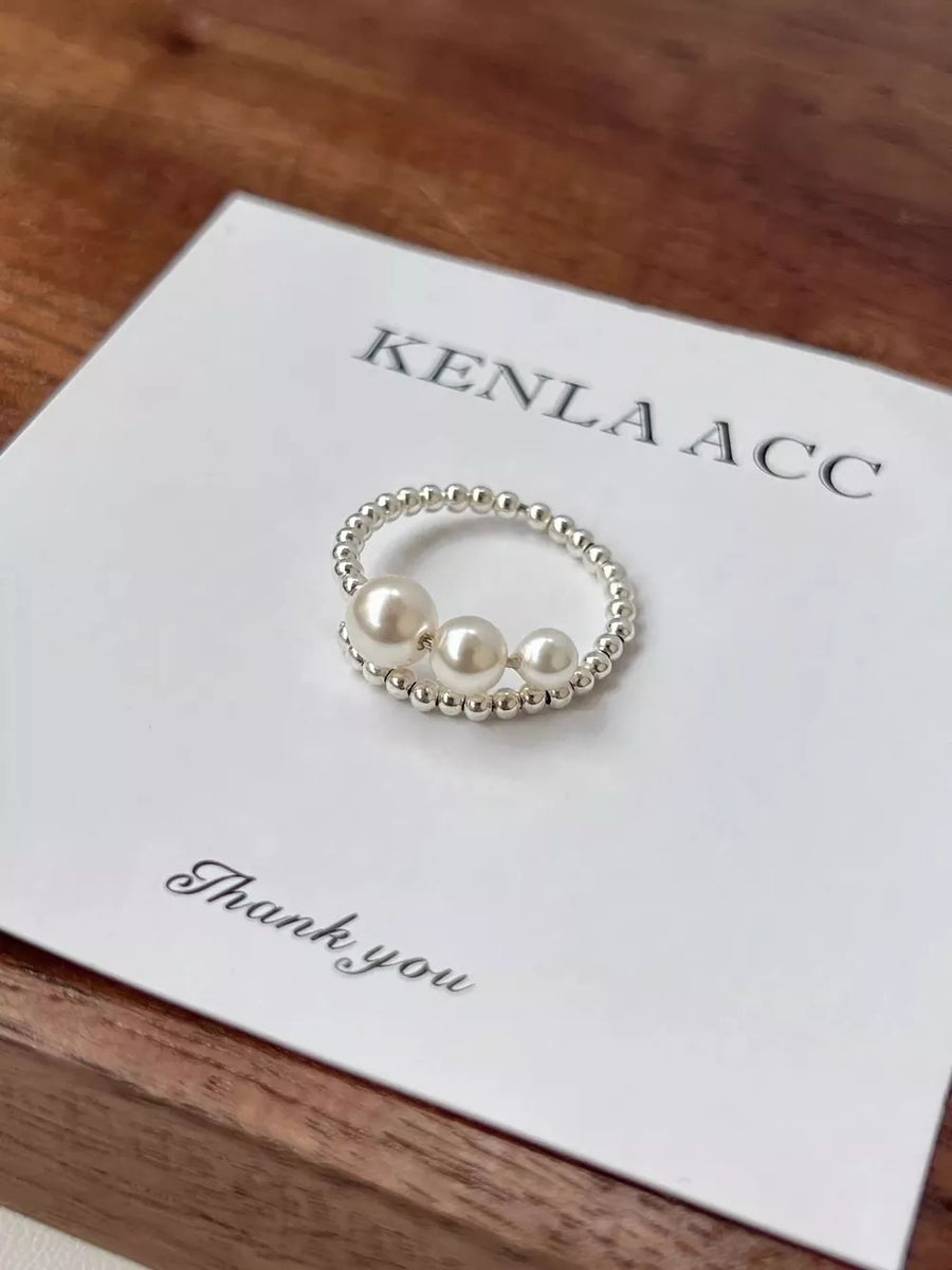 Triple Pearl Beaded Bypass 925 Sterling Ring in silver with triple pearl