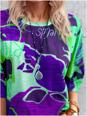 Brushstroke Stripe Casual T-Shirt in purple and green with a crew neck and short sleeves.
