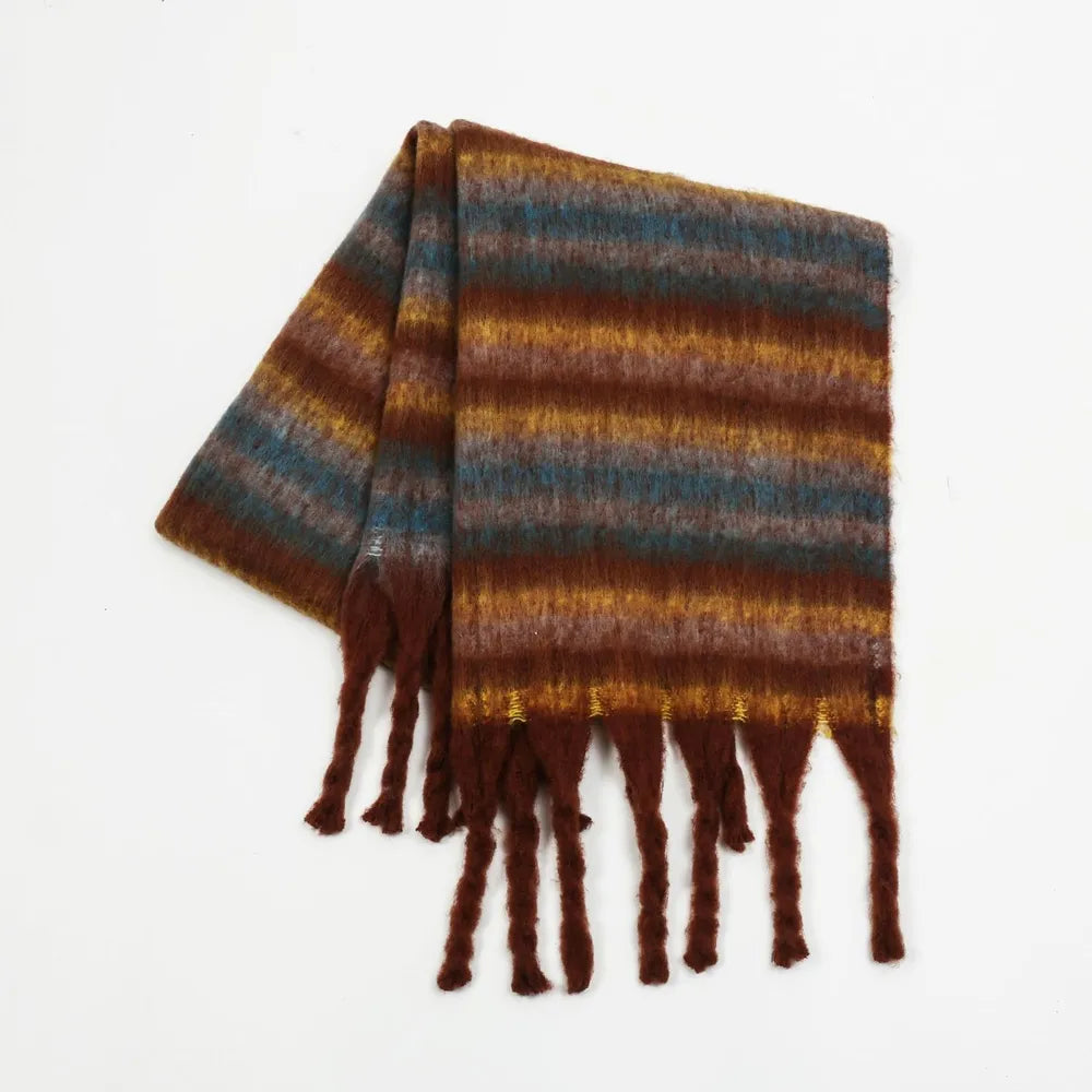 Textured stripe scarf in brown and blue with fringe detail