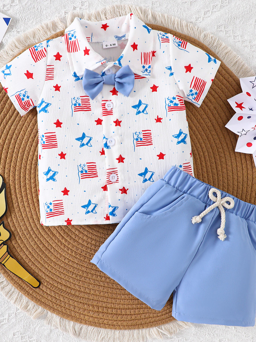 Baby patriotic shirt and shorts set with American flag and star print, blue bow tie