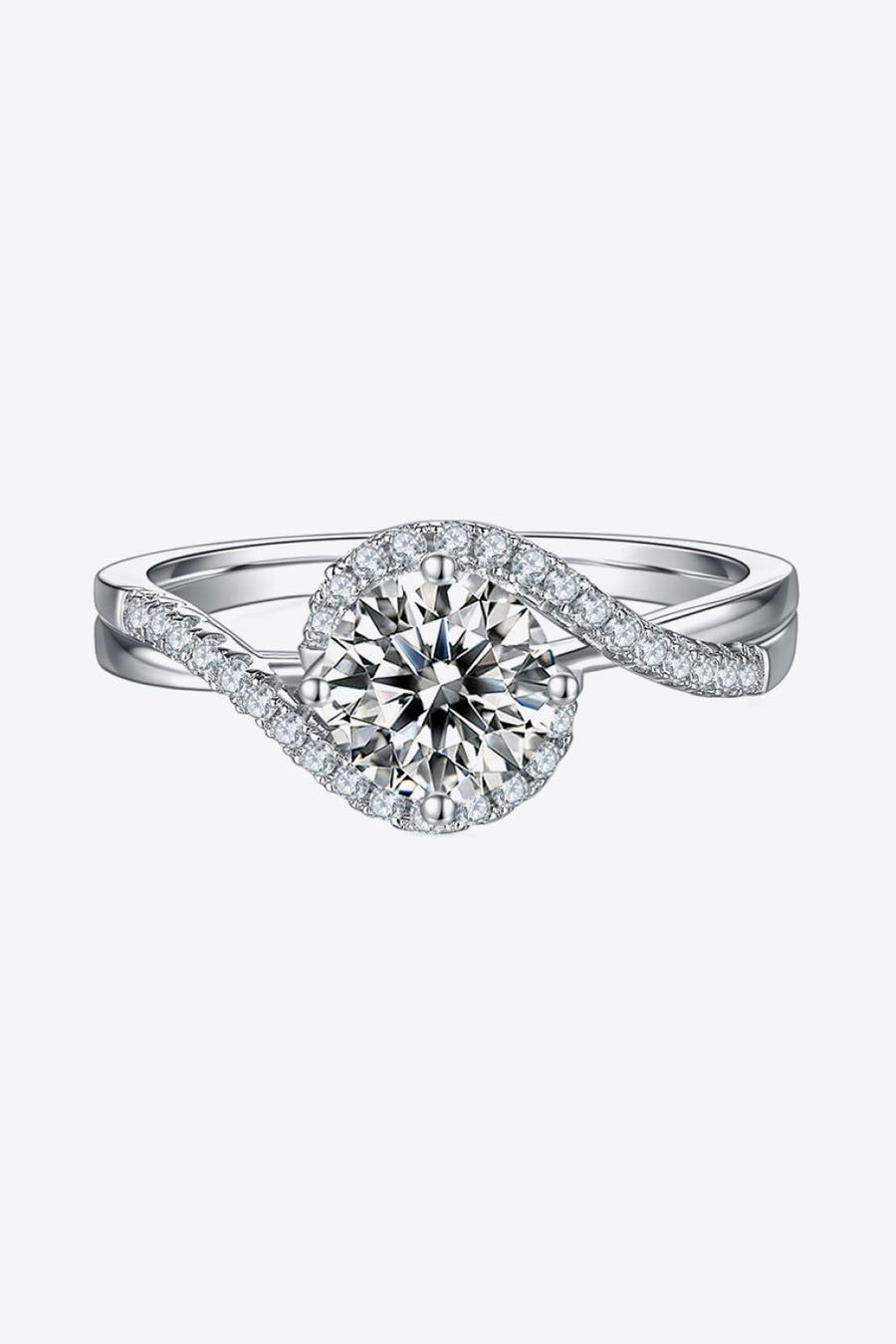 Silver swirl halo moissanite engagement ring with diamond accents
