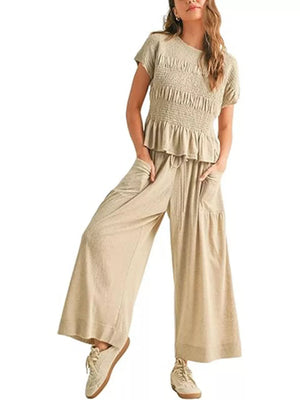 Brown Smocked Peplum Top And Wide-leg Pants Set