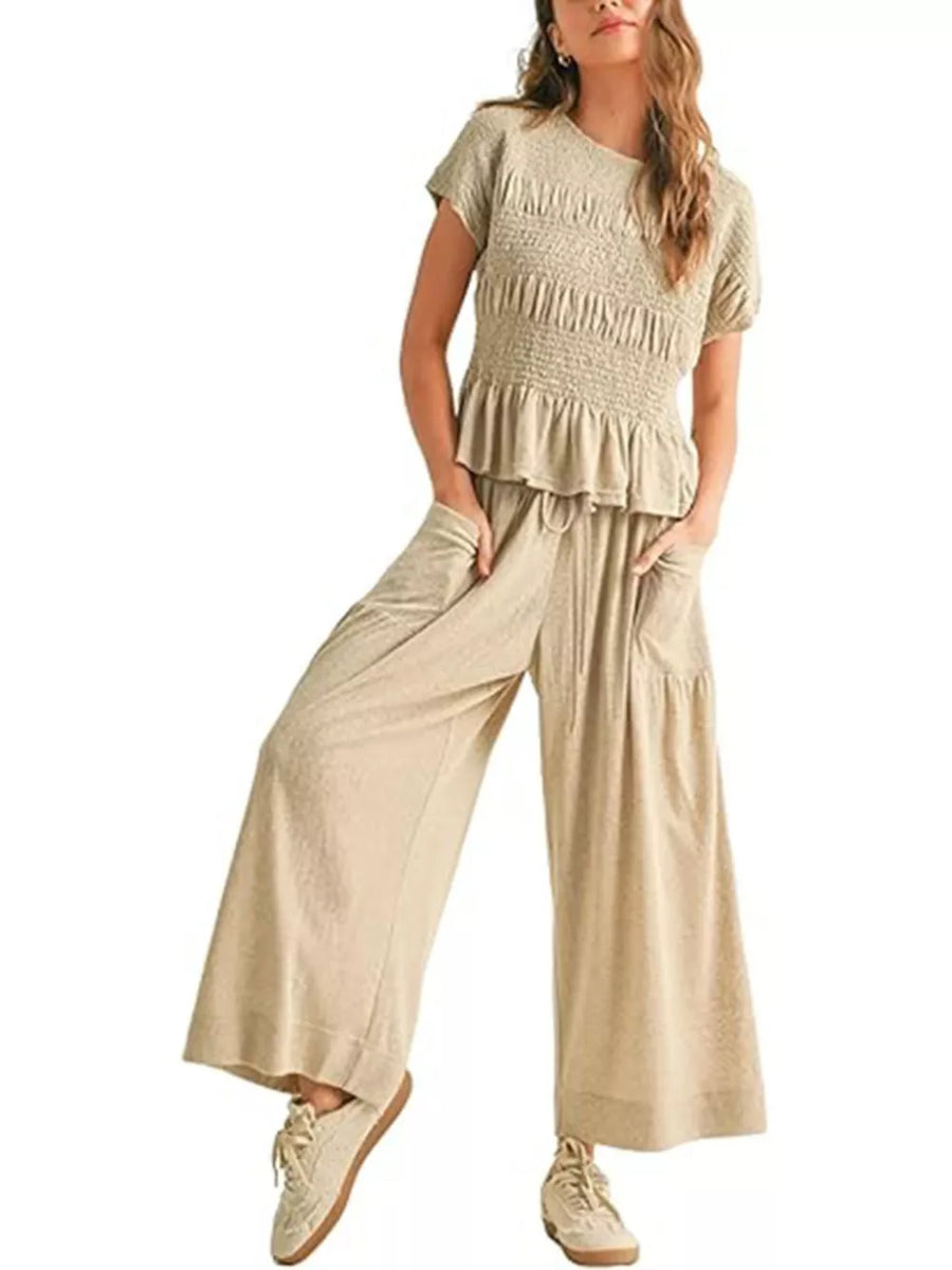 Brown Smocked Peplum Top And Wide-leg Pants Set