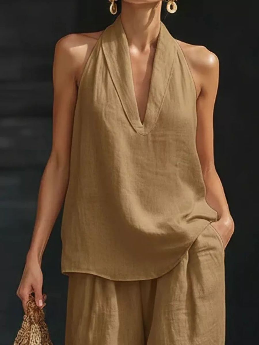 Khaki halter neck top with flowing wide-leg pants set, V-neck, sleeveless, casual women's outfit