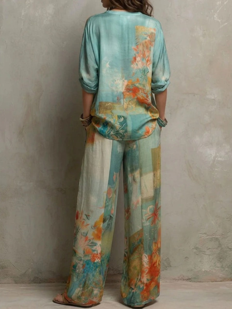 orange blouse and wide-leg pants set featuring pocketed and floral