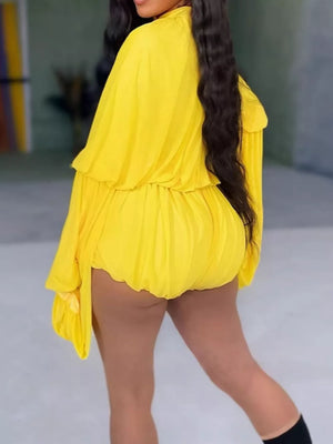 Yellow with Elegant Pleated Bell Sleeve Romper in Yellow