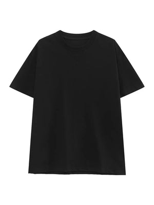 Black cotton spandex t-shirt with round neck and short sleeves.