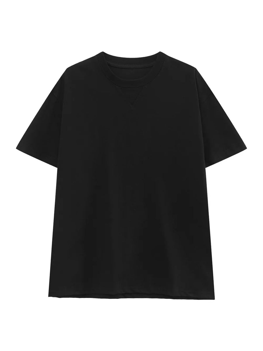 Black cotton spandex t-shirt with round neck and short sleeves.